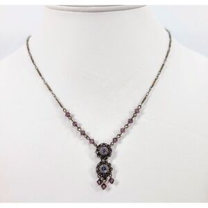 Liz Palacios Necklace Floral‎ Purple Crystal Brass Tone Chain Victorian Revival
